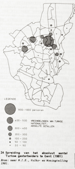 Concentratie van Turkse immigranten in Gent, 1981 uit: Vanneste D. (1985), Gent, een geografische gids, Leuven: Instituut voor Sociale en Economische Geografie